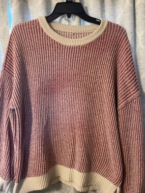 Cozy Ribbed Crewneck Sweater in Dusty Rose and Cream